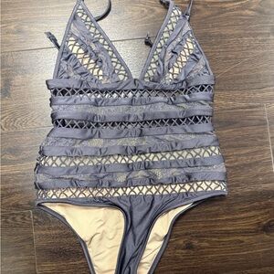 Zimmermann Lattice & Lace Detailed One-Piece Swimsuit - Steel Grey/Blue